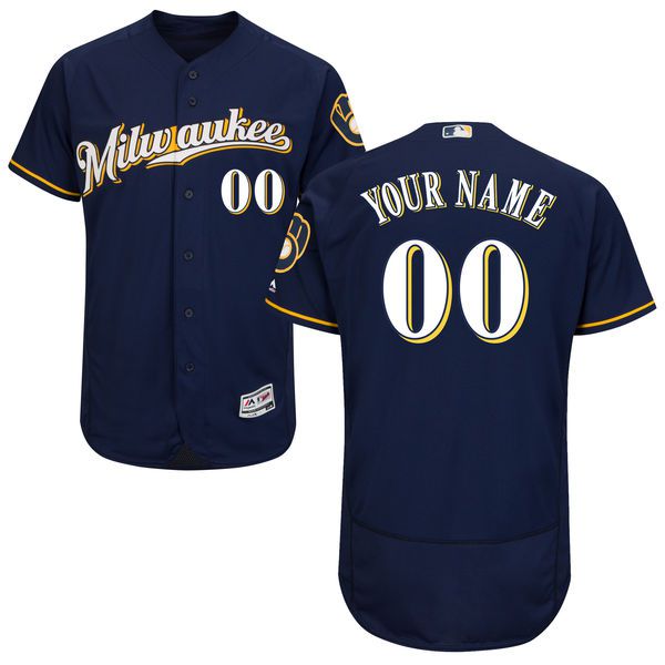 Men Milwaukee Brewers Majestic Alternate Road Navy Blue Flex Base Authentic Collection Custom MLB Jersey